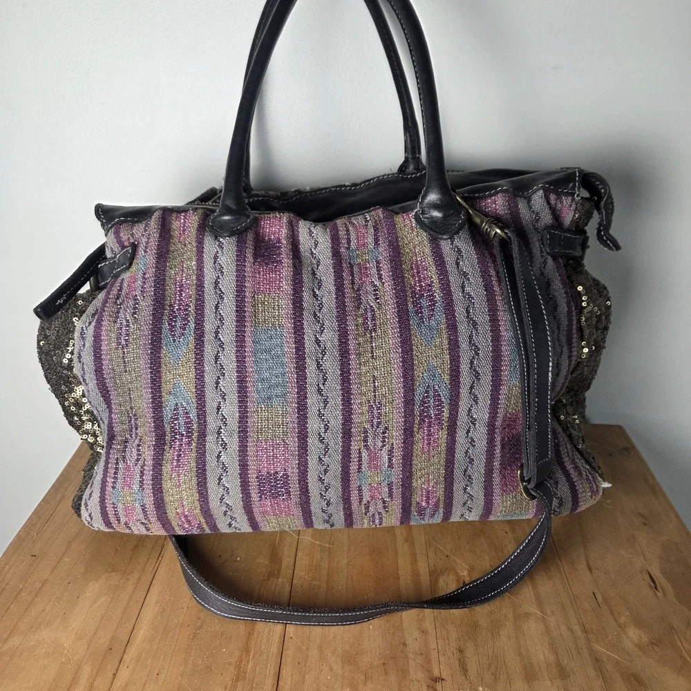 Caterina Lucchi Italy Leather Tapestry Sequin Boho Tote Shoulder Bag Fringe